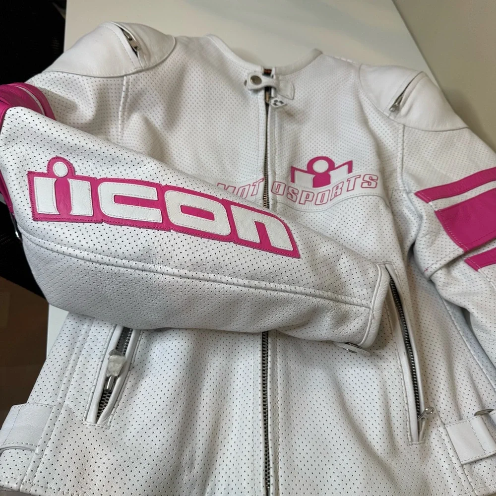 Icon Pursuit Jacket Kitty White & Pink Moto Sports Leather Jacket size XL NWOT - Picture 10 of 16
